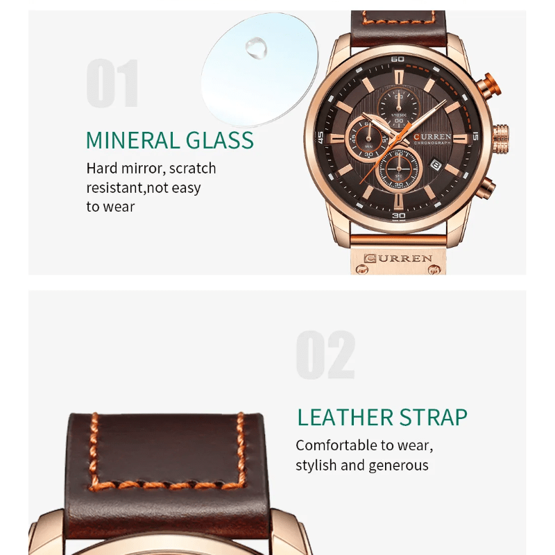 Relógio Masculino Curren moderno Pulseira em Couro (Marrom/bronze) - Versomastore