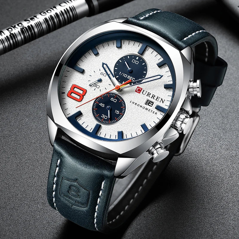 Relógio Curren CUR8324 Pulseira em couro (Azul/Branco) - Versomastore