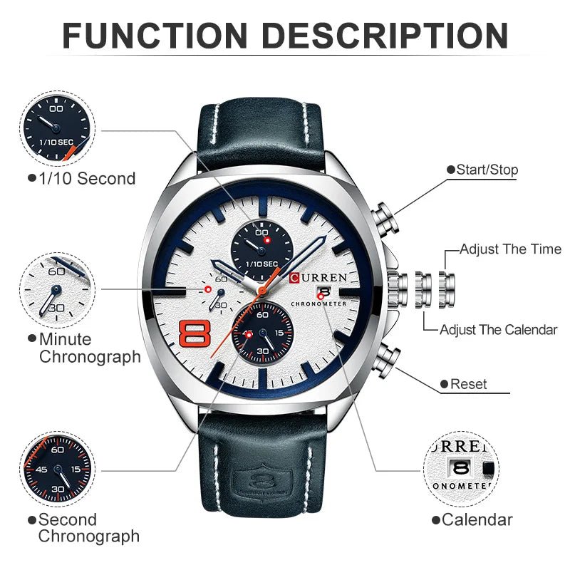 Relógio Curren CUR8324 Pulseira em couro (Azul/Branco) - Versomastore