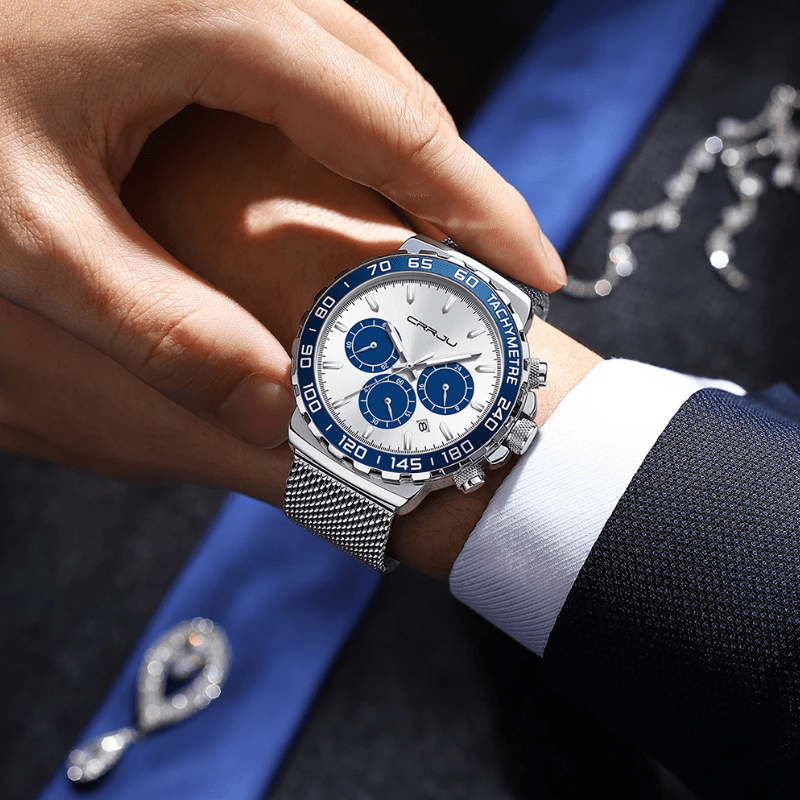 Relógio Masculino Crrju Suave e Elegante Pulseira em Aço Inoxidável (Azul/cinza) - Versomastore