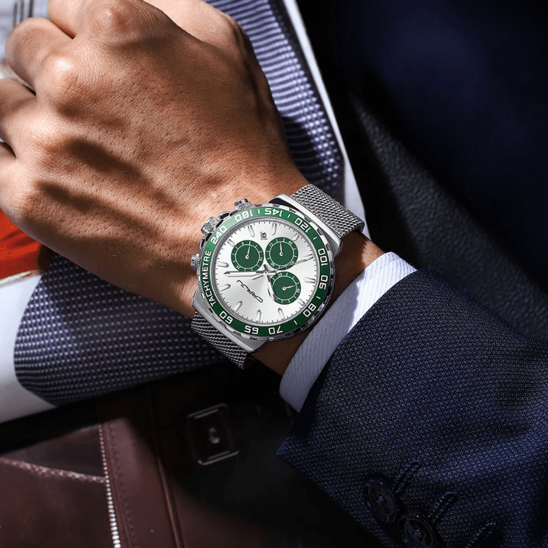 Relógio Masculino Crrju suave e Elegante Pulseira em Aço Inoxidável (Verde/cinza) - Versomastore