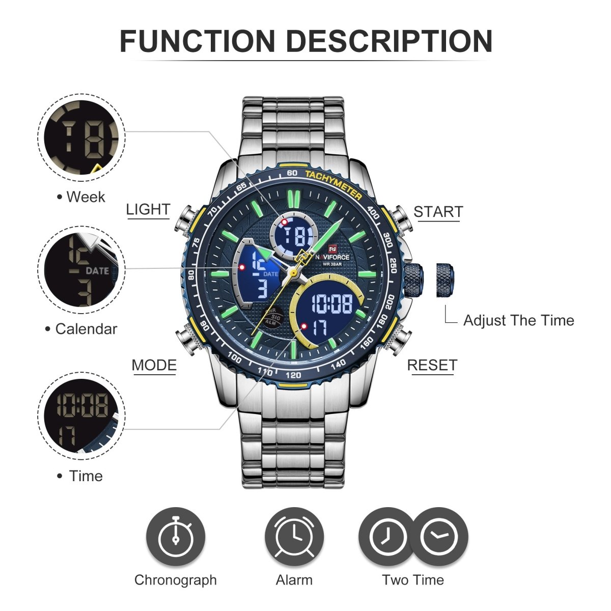 Relógio Naviforce NF9182 Visor Duplo (Azul e Prata) - Versomastore