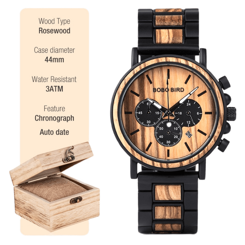 Relógio Bobo Bird BB09 Data Automática (Preto e madeira) - Versomastore