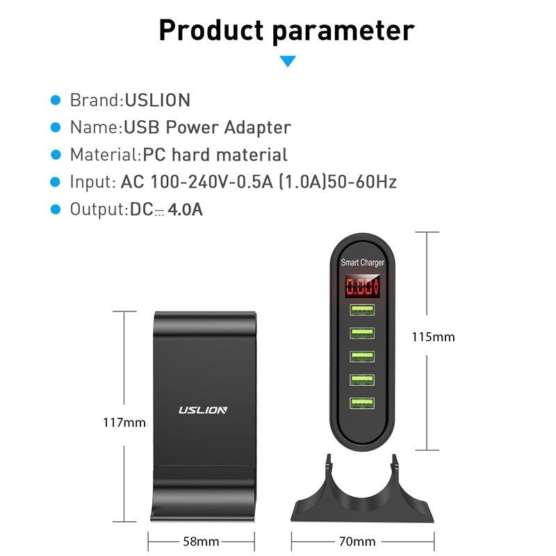 Estação de Carregamento com 5 portas USB e Display em led - Versomastore