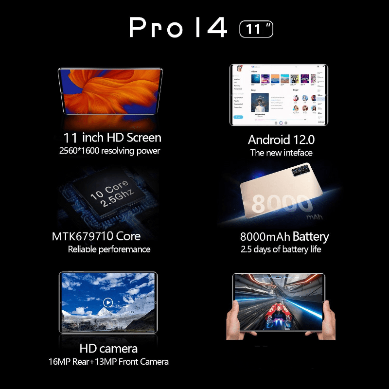 Tablet Pro 14 Ecrã 11", Bluetooth, WiFi e Duplo SIM com 8GB Ram + 128GB Rom - Versomastore